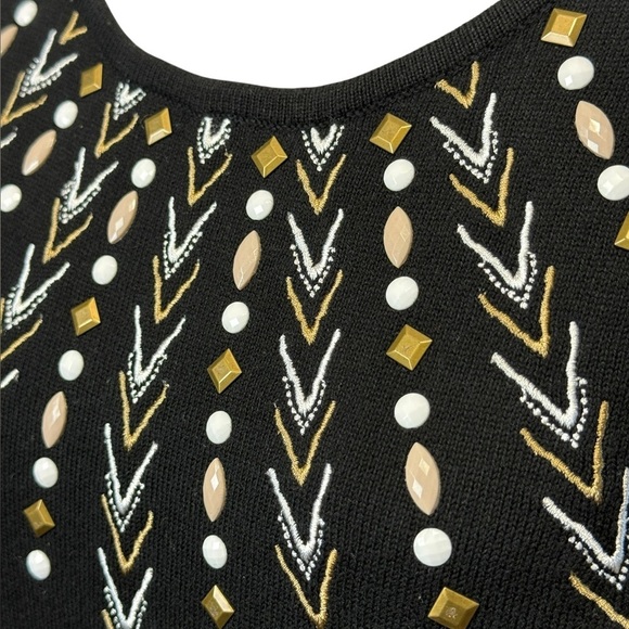 Alfred Dunner Embellished Embroidered Short Sleeve Sweater. Black Tan LG #1508 - Picture 3 of 7